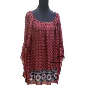 New Directions Tunic Blouse Top Copper Patterned Floral Hem.